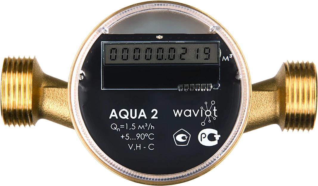 Vodomer WAVIoT AQUA 2 sa LCD displejom i mesinganim navojnim priključcima — IoT merenje vode, WAVIoT Srbija
