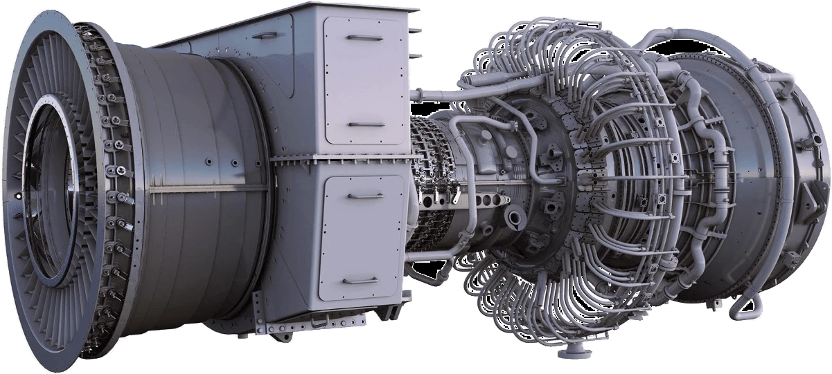 Aeroderivativna gasna turbina LM6000, bočni pogled na motor sa usisnim delom i mrežom spoljnih cevovoda