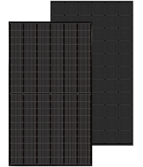 Dva potpuno crna monokristalna solarna modula sa crnim ramom i crnom zadnjom folijom — Canadian Solar All-Black za domaćinstva