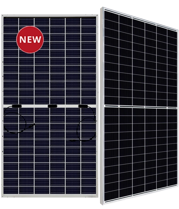 Dvostrani solarni modul sa oznakom NEW: zadnja strana sa priključnim kutijama i prednja strana — Canadian Solar moduli za velike sisteme