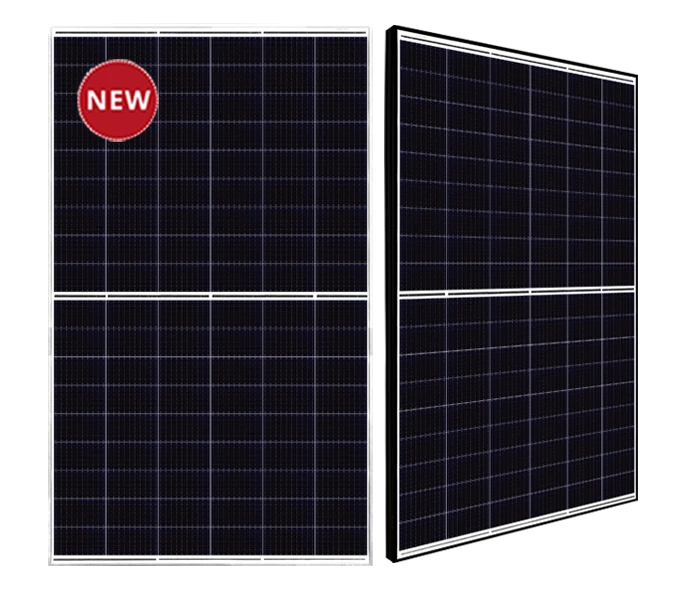 Dva tamna solarna modula, spreda i iz ugla — Canadian Solar HiHero sa HJT ćelijama, za domaćinstva